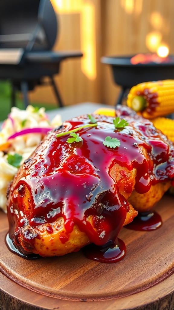 Grilled barbecue chicken thigh with coleslaw and corn on the cob, on a rustic platter.